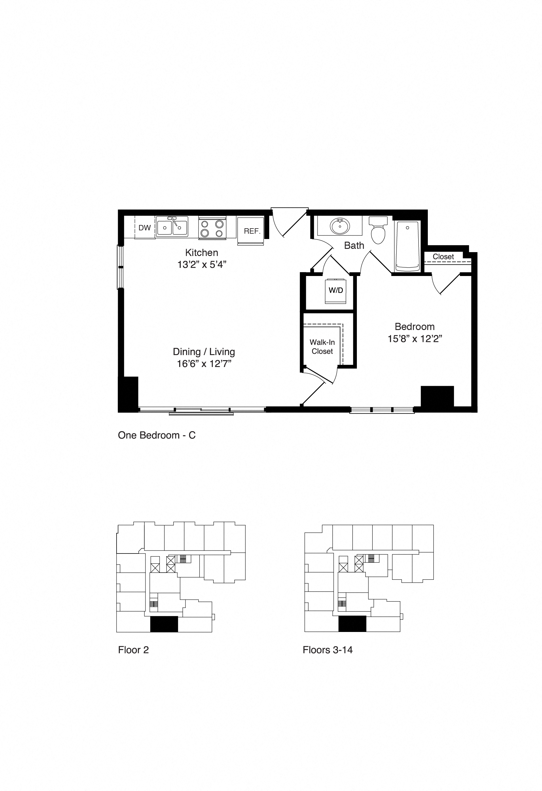 Floor plan for 1 bed, 1 bath, 621 sqft